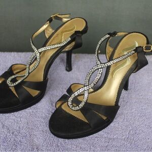 Nina women’s size 7.5 Black Satin Heels Rhinestone design with ankle strap